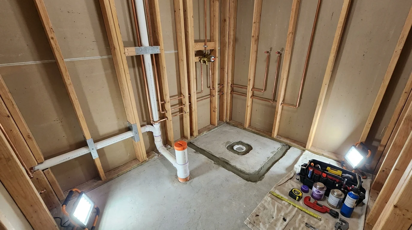 Bathroom rough-in plumbing during remodel by Johns Plumbing LLC in Sauk City