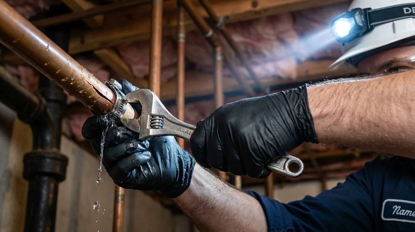 Emergency pipe clamp repair being performed by a Johns Plumbing LLC plumber in Sauk City