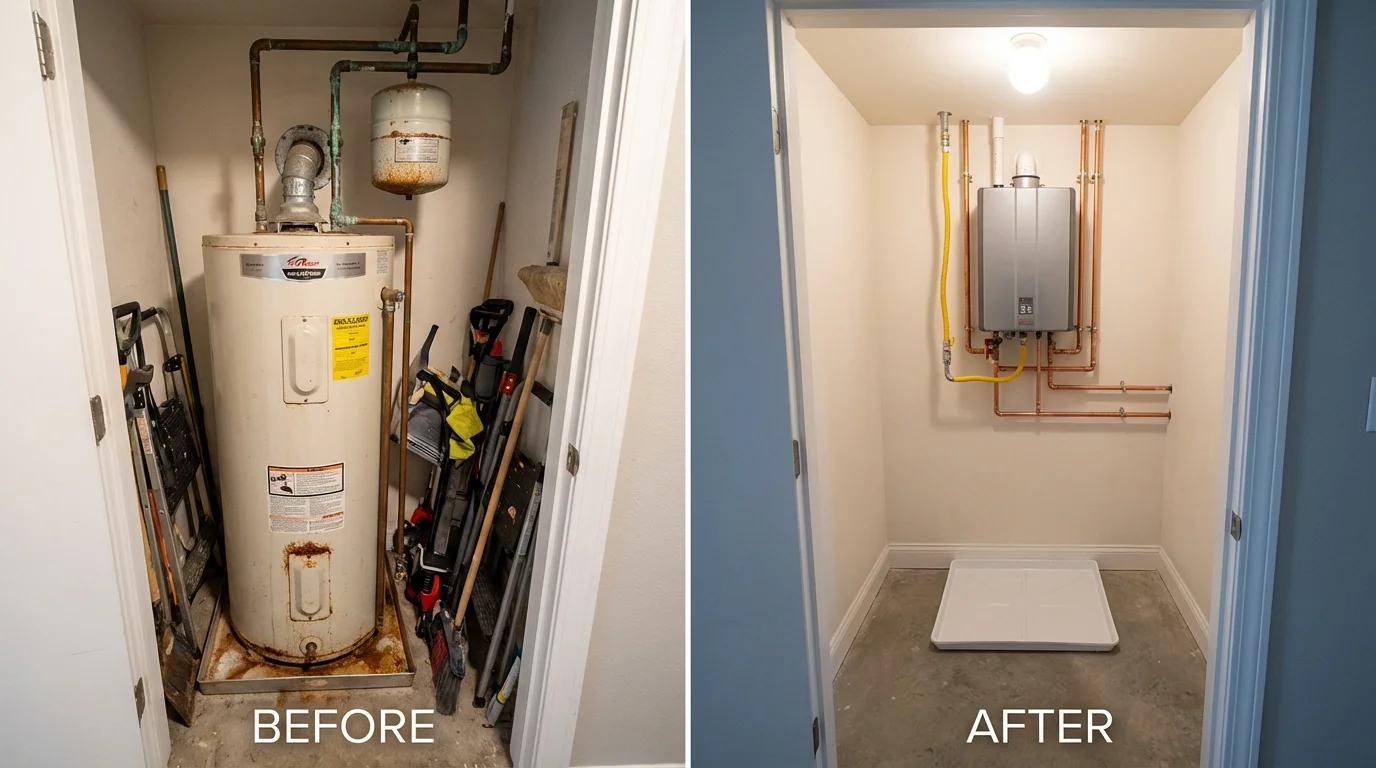 Tank water heater versus wall-mounted tankless unit comparison for Sauk City, WI homeowners