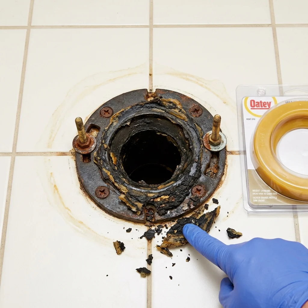 Failed wax ring showing water seepage at the base of a toilet in a Sauk City, WI home