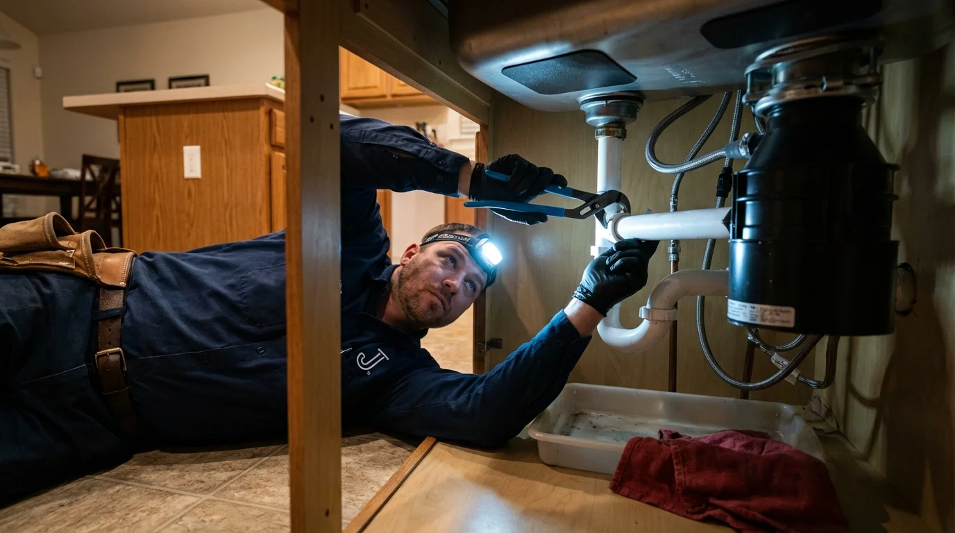 P-trap and supply line connections under a kitchen sink showing a common leak point in Sauk City, WI